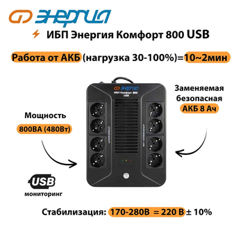 ИБП Комфорт 800 USB Энергия - ИБП и АКБ - Энергия ИБП Комфорт - . Магазин оборудования для автономного и резервного электропитания Ekosolar.ru в Королевах