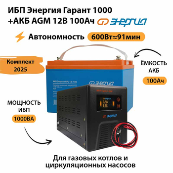 ИБП для котла Энергия Гарант 1000 + Аккумулятор 100 Ач 12 В (600Вт - 91мин) - ИБП и АКБ - ИБП для котлов - . Магазин оборудования для автономного и резервного электропитания Ekosolar.ru в Королевах