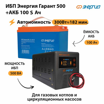 ИБП Энергия Гарант 500 + Аккумулятор S 100 Ач - 12В (300Вт - 182мин) - ИБП и АКБ - ИБП для котлов - . Магазин оборудования для автономного и резервного электропитания Ekosolar.ru в Королевах