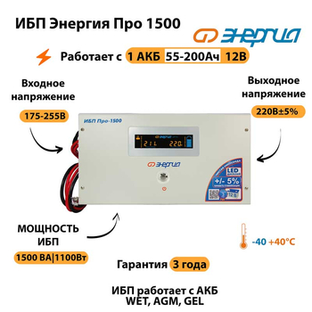 Энергия ИБП Про 1500 12В - ИБП и АКБ - ИБП для котлов - . Магазин оборудования для автономного и резервного электропитания Ekosolar.ru в Королевах