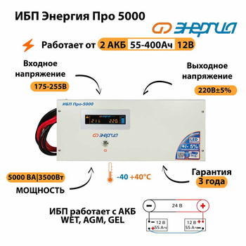 Энергия ИБП Про 5000 24В - ИБП и АКБ - ИБП для котлов - . Магазин оборудования для автономного и резервного электропитания Ekosolar.ru в Королевах
