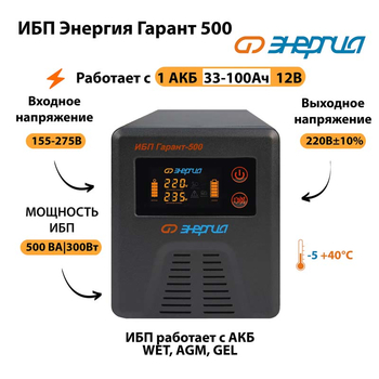 Энергия ИБП Гарант 500 12В - ИБП и АКБ - ИБП для котлов - . Магазин оборудования для автономного и резервного электропитания Ekosolar.ru в Королевах