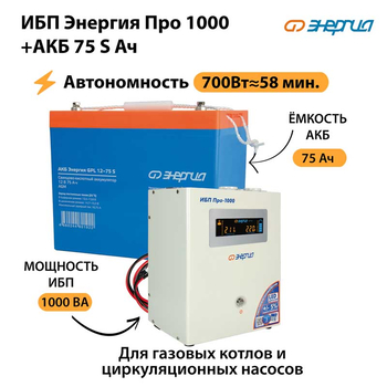 ИБП Энергия Про 1000 + Аккумулятор S 75 Ач - 12В (700Вт - 59мин) - ИБП и АКБ - ИБП для котлов - . Магазин оборудования для автономного и резервного электропитания Ekosolar.ru в Королевах
