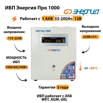 Энергия ИБП Про 1000 12В - ИБП и АКБ - ИБП для котлов - . Магазин оборудования для автономного и резервного электропитания Ekosolar.ru в Королевах