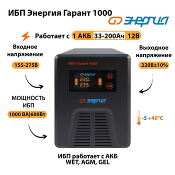 Энергия ИБП Гарант 1000 12В - ИБП и АКБ - ИБП для котлов - . Магазин оборудования для автономного и резервного электропитания Ekosolar.ru в Королевах