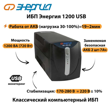 Энергия ИБП 1200 USB - ИБП и АКБ - ИБП для компьютера - . Магазин оборудования для автономного и резервного электропитания Ekosolar.ru в Королевах