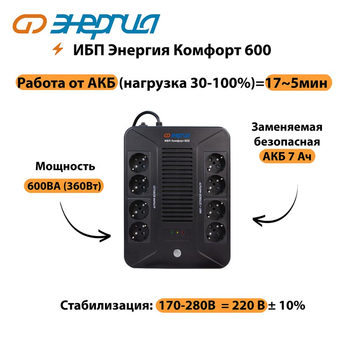 ИБП Комфорт 600 Энергия - ИБП и АКБ - ИБП для компьютера - . Магазин оборудования для автономного и резервного электропитания Ekosolar.ru в Королевах