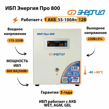 Энергия ИБП Про 800 12В - ИБП и АКБ - ИБП для котлов - . Магазин оборудования для автономного и резервного электропитания Ekosolar.ru в Королевах