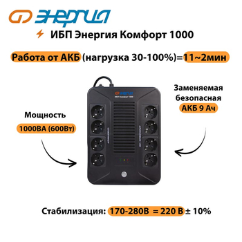 ИБП Комфорт 1000 Энергия - ИБП и АКБ - ИБП для компьютера - . Магазин оборудования для автономного и резервного электропитания Ekosolar.ru в Королевах